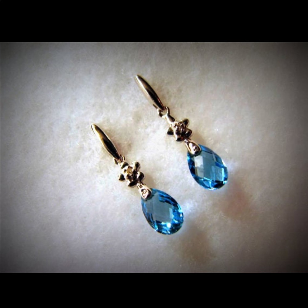 14K WHITE GOLD blue topaz and DIAMOND briolette flower earrings